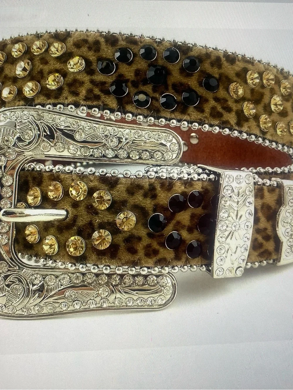 Embellished Leopard Print Western Belt in Brown and Gold